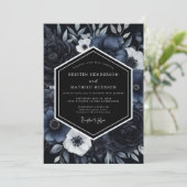 Invitation Mariage de luxe aux fleurs bleues de minuit (Debout devant)