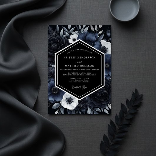 Invitation Mariage de luxe aux fleurs bleues de minuit