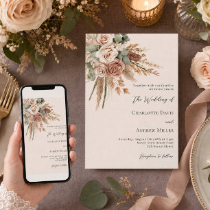 Invitation Mariage de luxe avec roses taupe beige et herbe de