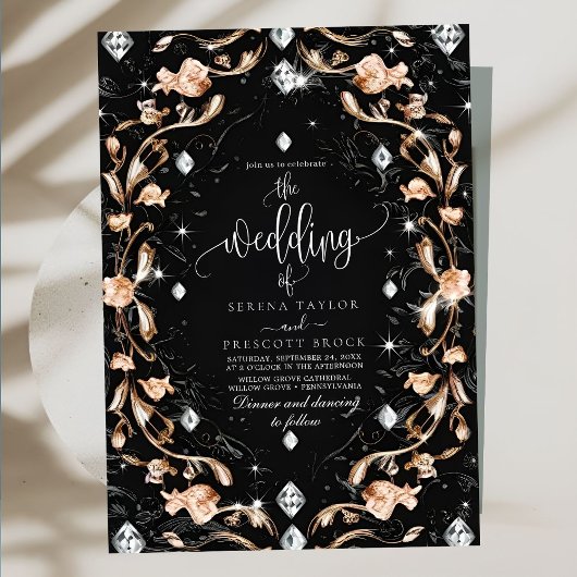 Invitation Mariage de luxe Black Floral Diamonds