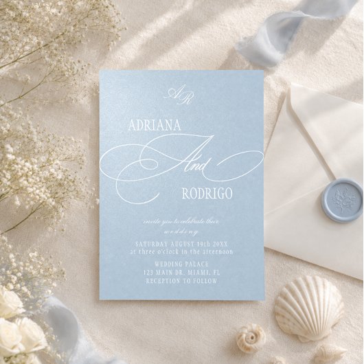Invitation Mariage de Luxe Bleu Pastel Monogramme