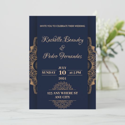 Invitation Mariage de luxe Blue Gold (Debout devant)