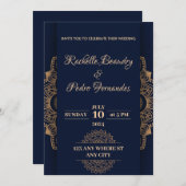 Invitation Mariage de luxe Blue Gold (Devant / Derrière)