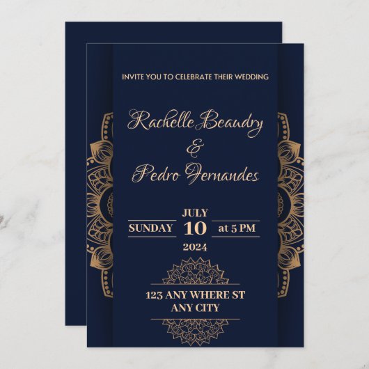 Invitation Mariage de luxe Blue Gold (Devant / Derrière)