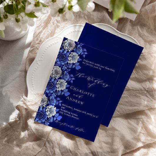 Invitation Mariage de luxe de scénario florale bleu marine
