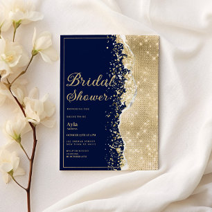 Invitation Mariage de luxe élégant bleu nuit paillettes dorée