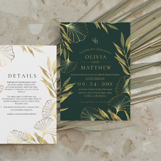 Invitation Mariage de luxe Emerald Green Gold Leaf