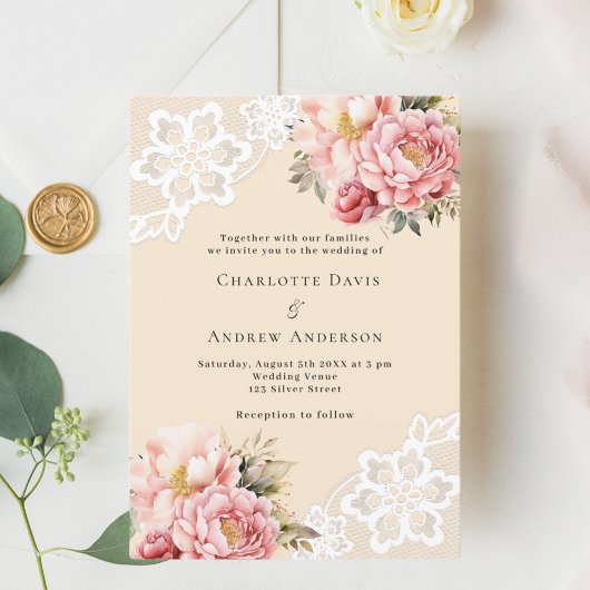 Invitation Mariage de luxe en dentelle rose beige