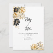 Invitation Mariage de luxe fleuri ivoire noir de pivoine or (Devant)