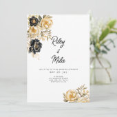 Invitation Mariage de luxe fleuri ivoire noir de pivoine or (Debout devant)