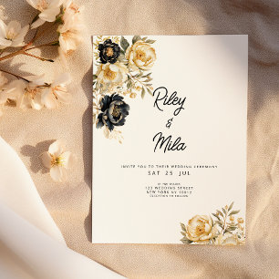 Invitation Mariage de luxe fleuri ivoire noir de pivoine or