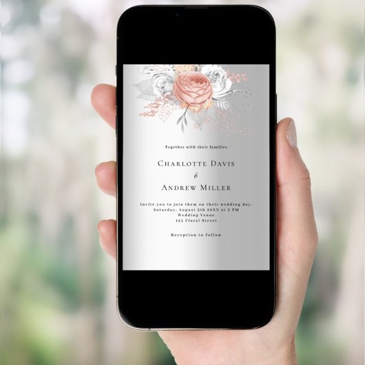 Invitation Mariage de luxe fleuri rose en argent