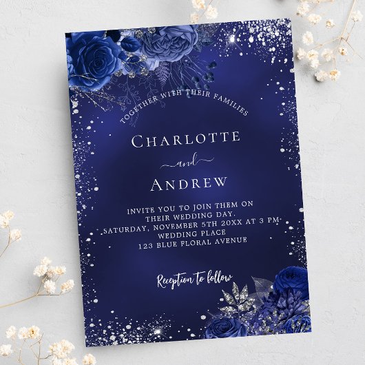 Invitation Mariage de luxe floral bleu marine