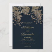 Invitation Mariage de luxe floral en dentelle bleu marine (Devant)