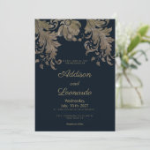 Invitation Mariage de luxe floral en dentelle bleu marine (Debout devant)