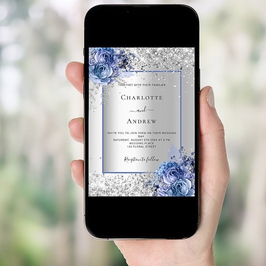 Invitation Mariage de luxe florale bleu argent