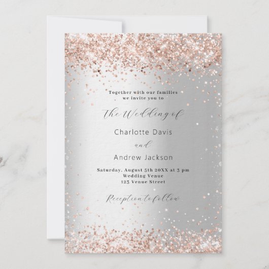 Invitation Mariage de luxe moderne rose en argent (Devant)