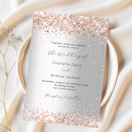 Invitation Mariage de luxe moderne rose en argent