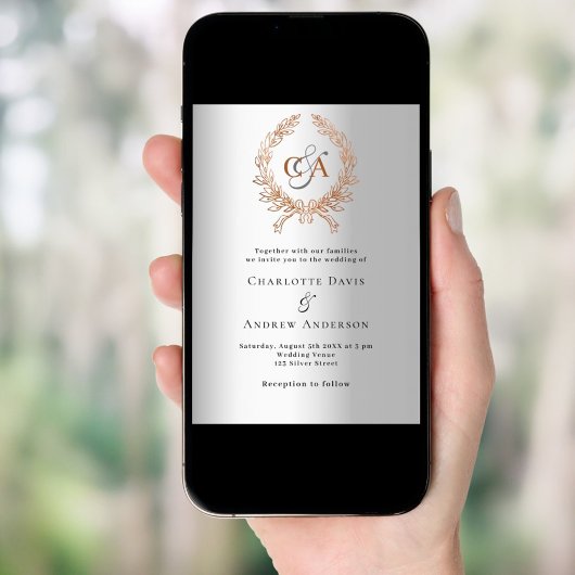 Invitation Mariage de luxe monogramme rose en or argent