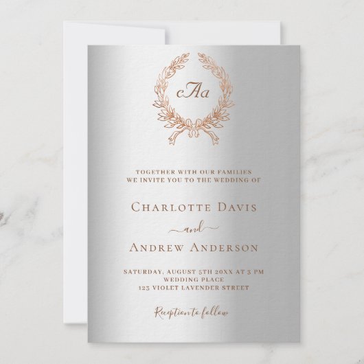 Invitation Mariage de luxe monogramme rose en or argent (Devant)