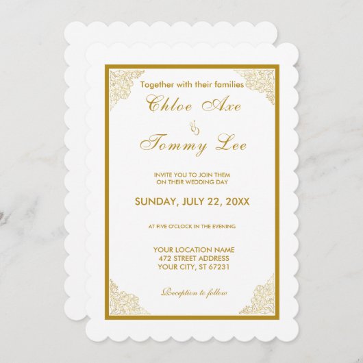 Invitation mariage de luxe or blanc (Devant / Derrière)