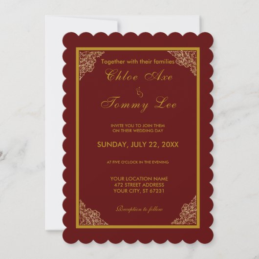 Invitation mariage de luxe or rouge (Devant)