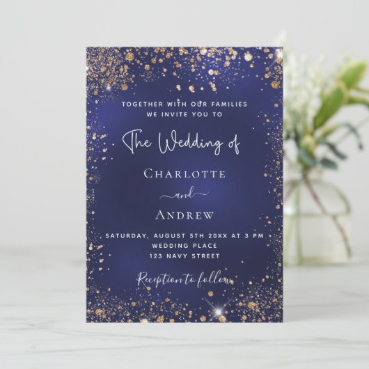 Invitation Mariage de luxe parties scintillant en or bleu mar (Debout devant)