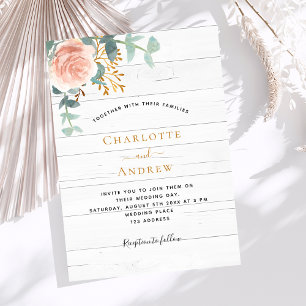 Invitation mariage de luxe rose or fleuri bois blanc