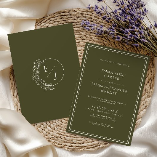 Invitation Mariage de Luxe Vert Olive Ancien Argent