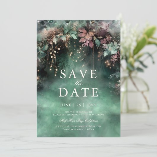 Invitation Mariage de maauve luxuriante dans la forêt enchant (Debout devant)