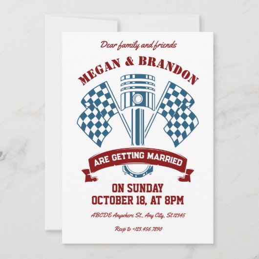 Invitation Mariage de machine de course de moto rétro (Devant)