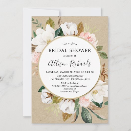 Invitation Mariage de magnolia rustique et floral rose-blanc (Devant)