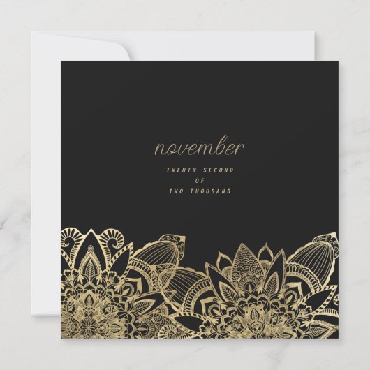 Invitation Mariage de mandala floral en or noir de luxe (Dos)