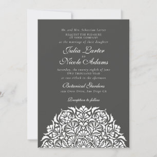 Invitation Mariage de mandala floral fantaisiste gris charbon