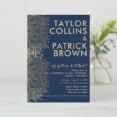 Invitation Mariage de mandala floral moderne bleu marine (Debout devant)