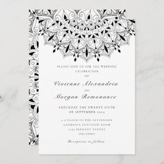 Invitation mariage de mandala noir blanc dentelle (Devant / Derrière)