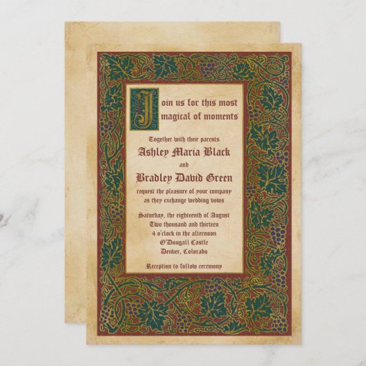 Invitation Mariage de manuscrit lumineux Fairytale Medieval (Devant / Derrière)