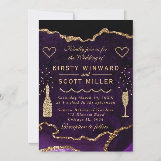 Invitation Mariage de marbre d'agate à paillettes violettes e (Devant)