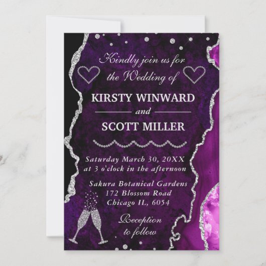 Invitation Mariage de marbre d'agate scintillant de pourpre e (Devant)