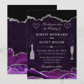Invitation Mariage de marbre d'agate violet et argent paillet (Devant / Derrière)
