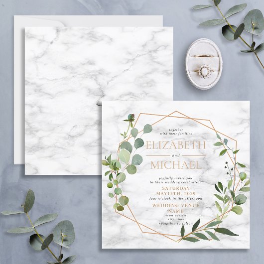 Invitation Mariage de marbre Eucalyptus géométrique en cuivre