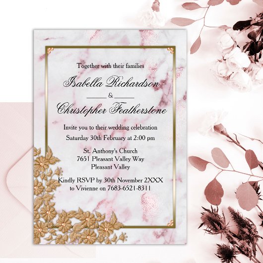 Invitation Mariage de marbre rose et perles d'or