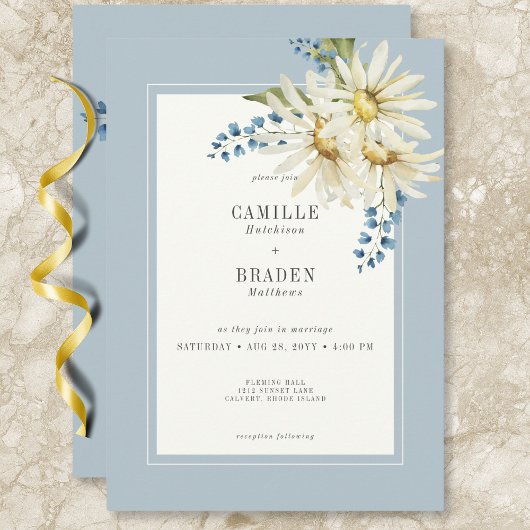 Invitation Mariage de marguerites bleues et blanches rustique