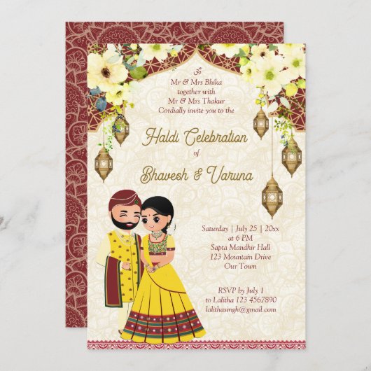 Invitation Mariage de mariage indien haldi pithi (Devant / Derrière)