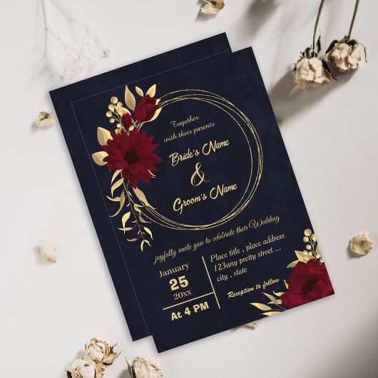 Invitation Mariage de marine chic bordeaux et or