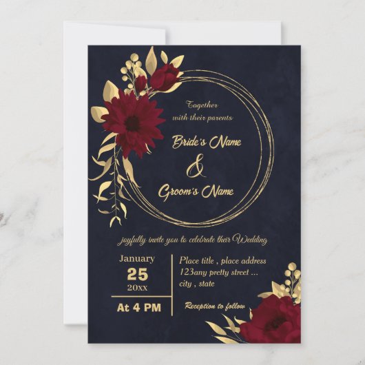 Invitation Mariage de marine chic bordeaux et or (Devant)