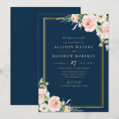 Invitation Mariage de marine Floral Rose Blush classique Gold (Devant / Derrière)
