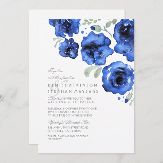 Invitation Mariage de marine - Roses d'aquarelle (Devant / Derrière)