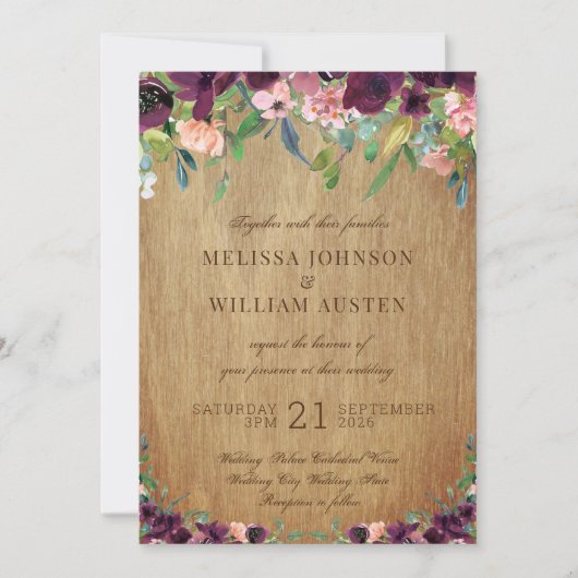 Invitation Mariage de marsala de bois rustique (Devant)