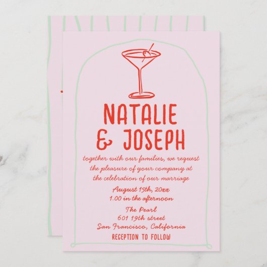 Invitation Mariage de Martini couleur rétro Code QR (Devant / Derrière)